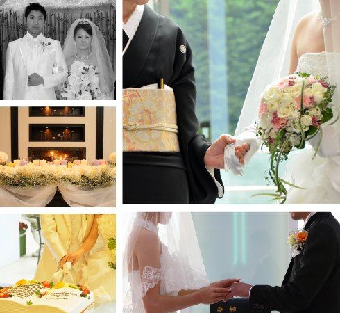 新郎新婦、式場、ケーキ入刀、結婚指輪交換写真