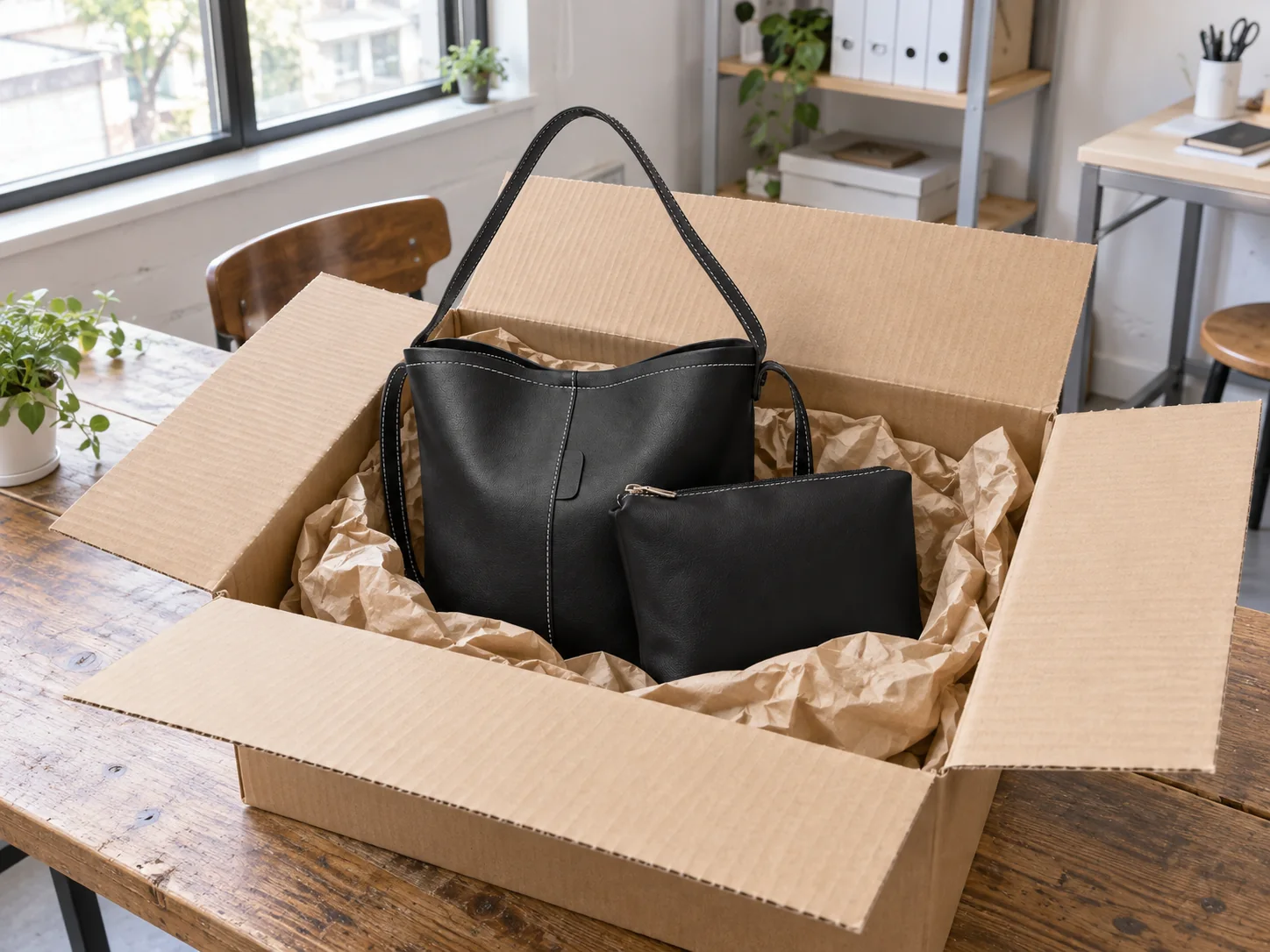 配送箱を開き、梱包紙と黒いバッグを確認している撮影前の作業